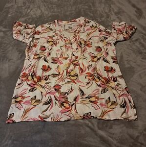 JM Collection 100% Linen Womens Pullover Blouse Floral Elbow Lenght Sleeve 16W.